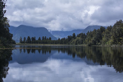 Scenic view of lake and mountains against sky