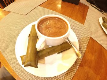 High angle view of coffee on table