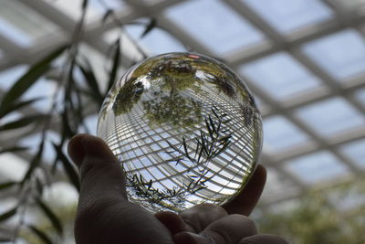 Low angle view of person hand holding glass