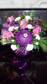 High angle view of pink flowers in vase