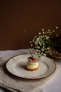 Close-up of dessert in plate on table