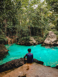 Rear view of man sitting on rock in forest