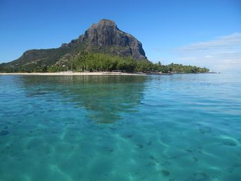 Scenic view of sea against clear blue sky