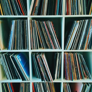 Full frame shot of records in shelf