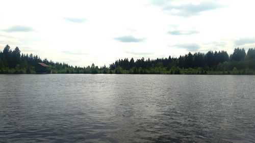 Scenic view of lake against cloudy sky