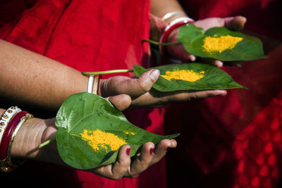 Close-up of women hands holding ground turmeric on leaves during praying