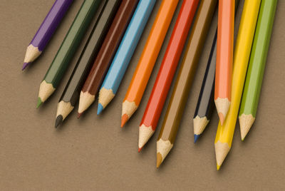 High angle view of colored pencils