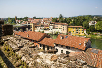 High angle view of residential buildings against sky