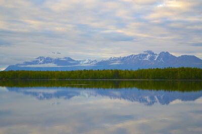 Scenic view of lake and mountains against sky