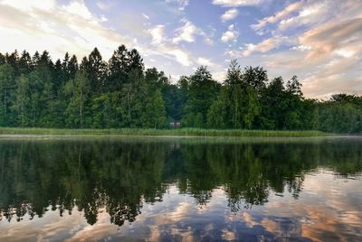 Reflection of trees in lake against sky