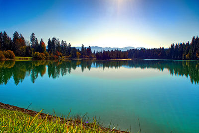 Scenic view of lake against clear blue sky