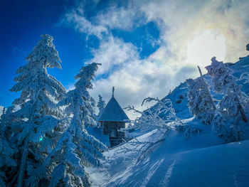 Low angle view of snowcapped mountains against sky
