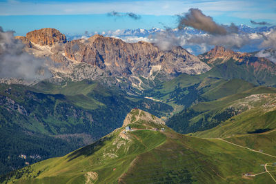 Scenic view of land and mountains against sky