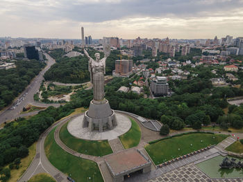 High angle view of buildings against sky