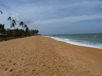 Scenic view of beach against cloudy sky during sunny day