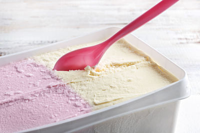 Close-up of ice cream with spoon in container