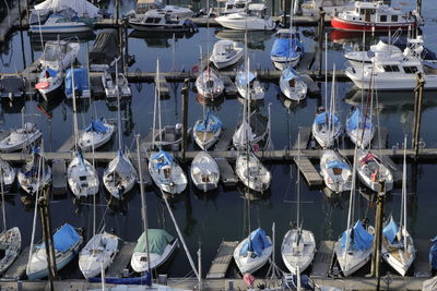 High angle view boats moored at harbor