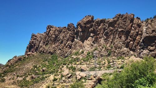 Low angle view of rock formation against clear blue sky