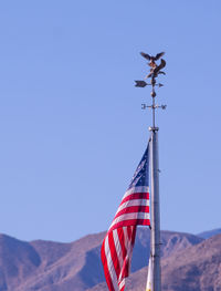 Low angle view of flag on mountain against clear blue sky