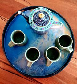 High angle view of tea served on table