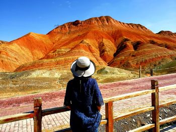 Rear view of woman standing by railing against mountain