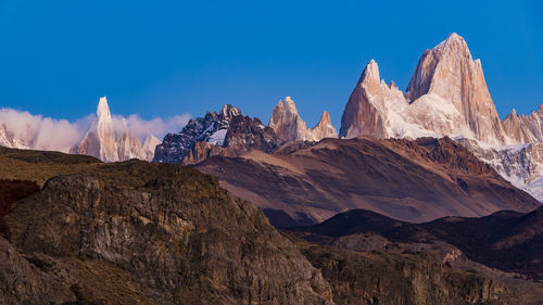Panoramic view of fitz roy against clear blue sky, el chalten, argentina, patagonia, south america