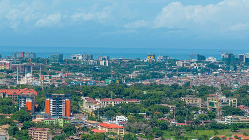 High angle view of cityscape against sky