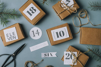 Directly above shot of christmas decorations on table