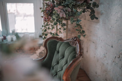 Close-up of potted plant on window at home