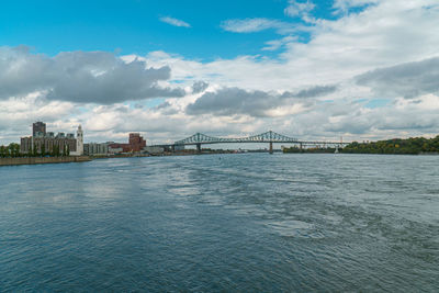 Bridge over river with city in background