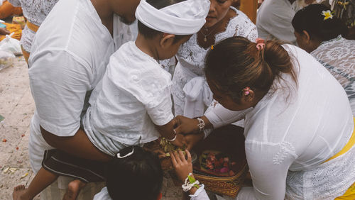 High angle view of people at temple