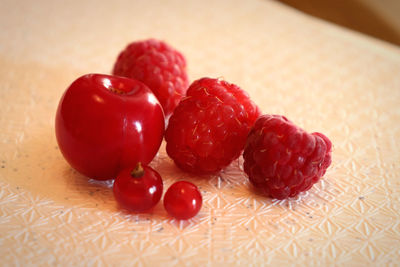 High angle view of strawberries on table