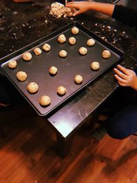 High angle view of person preparing food