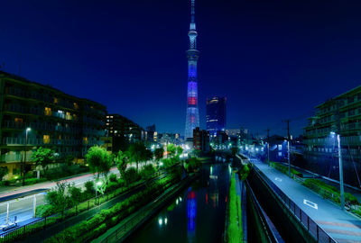 Illuminated buildings in city at night