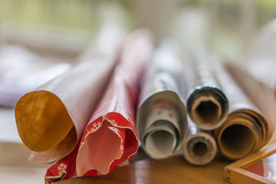 Close-up of multi colored pencils on table