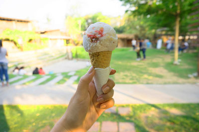 Cropped hand holding ice cream while at park 