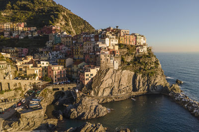 Aerial view of manarola, a beautiful travel destination along the coast of cinque terre, liguria