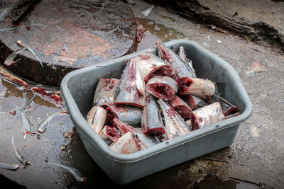 High angle view of fish for sale in market