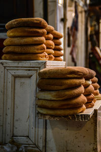 Stack of bread on table at store