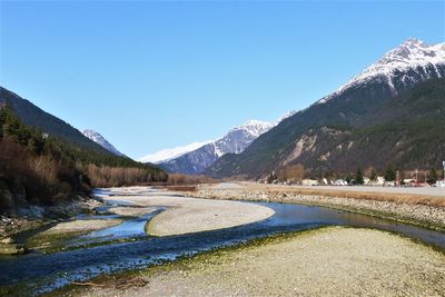 Scenic view of snowcapped mountains against clear blue sky