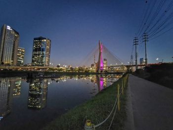 Bridge over river with city in background