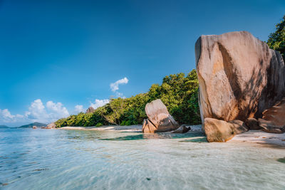 Scenic view of rocks in sea against sky