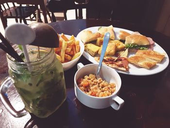 Close-up of breakfast served on table