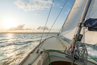 Sailboat sailing on sea against sky