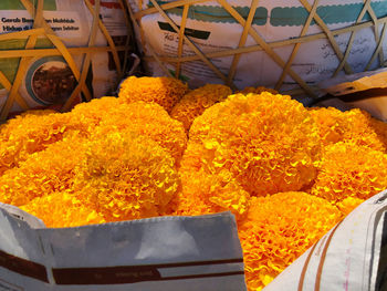 High angle view of yellow flowering plants at market stall