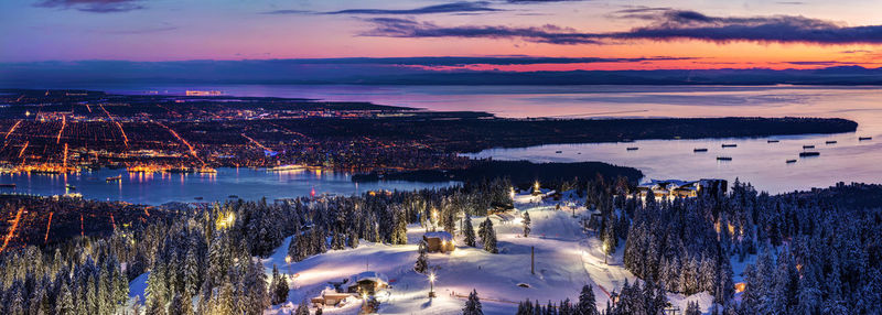 Panoramic view of vancouver city, canada at dusk from grouse mountain ski resort