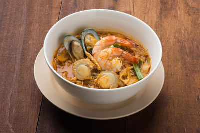 High angle view of noodles in bowl on table