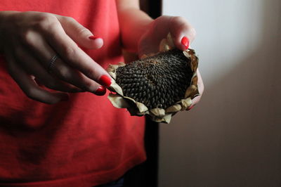 Midsection of woman holding dry sunflower