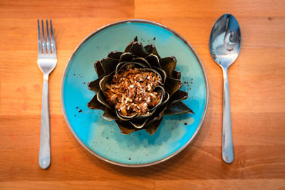 High angle view of breakfast served on table