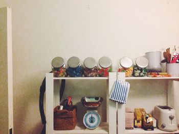 Stack of objects on shelf